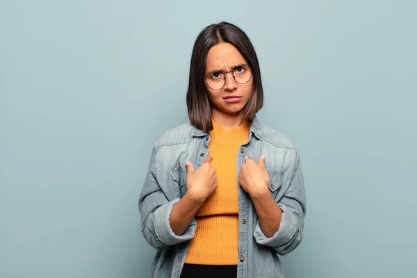 Young Hispanic Woman Pointing Self Confused Quizzical Look Shocked Surprised — Stock Photo, Image