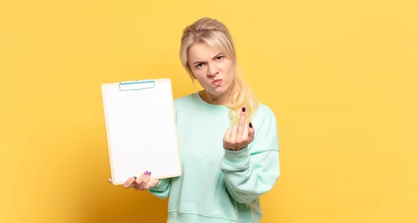 Blonde Woman Feeling Angry Annoyed Rebellious Aggressive Flipping Middle Finger — Stock Photo, Image