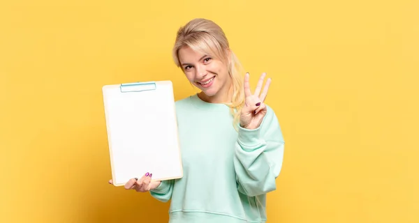 Blonde Woman Smiling Looking Friendly Showing Number Three Third Hand — Stock Photo, Image