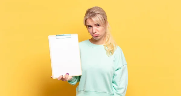 Blonde Woman Feeling Sad Whiney Unhappy Look Crying Negative Frustrated — Stock Photo, Image