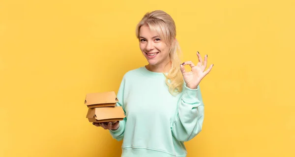 Blonde Woman Feeling Happy Relaxed Satisfied Showing Approval Okay Gesture — Stock Photo, Image