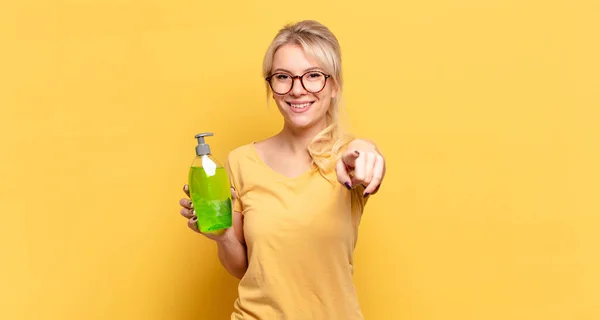 Blonde Woman Pointing Camera Satisfied Confident Friendly Smile Choosing You — Stock Photo, Image