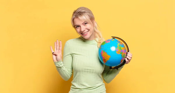 Blonde Woman Smiling Looking Friendly Showing Number Four Fourth Hand — Stock Photo, Image