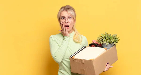 Blonde Woman Feeling Shocked Scared Looking Terrified Open Mouth Hands — Stock Photo, Image