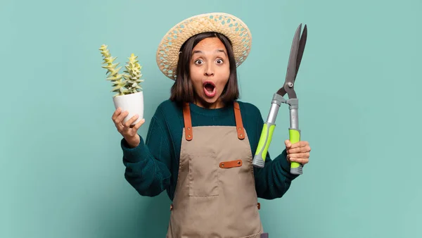 Una Mujer Joven Bonita Con Cactus Concepto Agricultor —  Fotos de Stock
