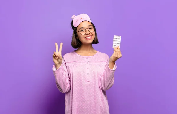 Young Pretty Woman Wearing Pajamas Holding Pills — 스톡 사진