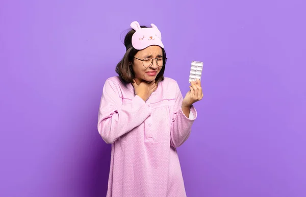 Young Pretty Woman Wearing Pajamas Holding Pills — 스톡 사진