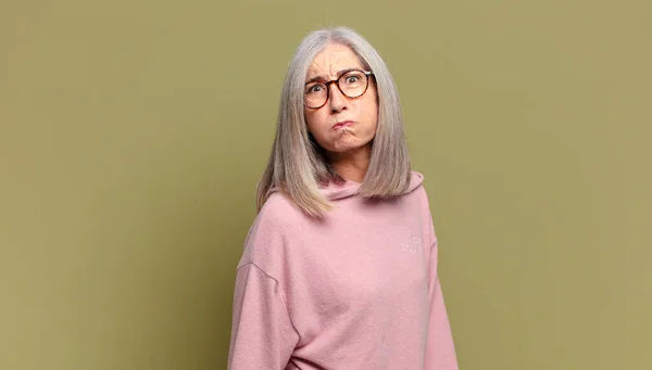 Senior Woman Goofy Crazy Surprised Expression Puffing Cheeks Feeling Stuffed — Stock Photo, Image