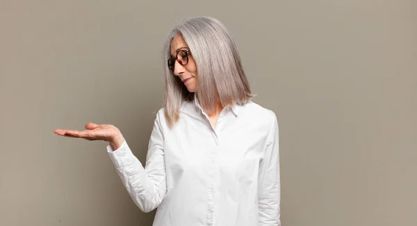 Senior Woman Feeling Happy Smiling Casually Looking Object Concept Held — Stock Photo, Image