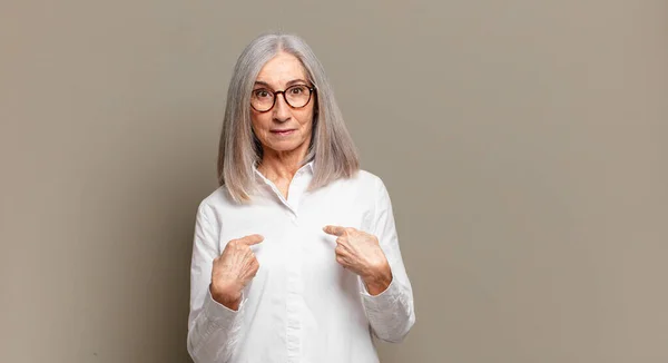 Senior Woman Pointing Self Confused Quizzical Look Shocked Surprised Chosen — Stock Photo, Image