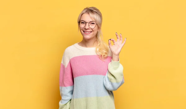 Blonde Woman Feeling Happy Relaxed Satisfied Showing Approval Okay Gesture — Stock Photo, Image