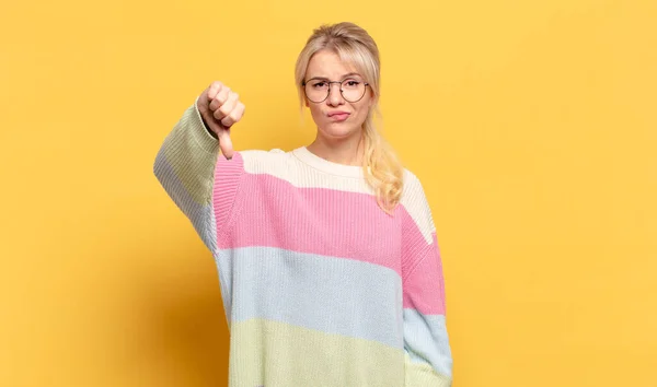 Blonde Woman Feeling Cross Angry Annoyed Disappointed Displeased Showing Thumbs — Stock Photo, Image