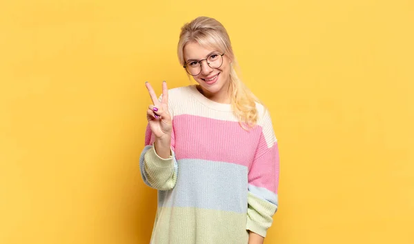 Blonde Woman Smiling Looking Friendly Showing Number Two Second Hand — Stock Photo, Image