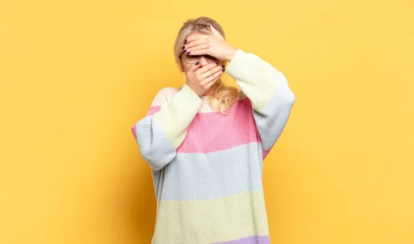 Blonde Woman Covering Face Both Hands Saying Camera Refusing Pictures — Stock Photo, Image