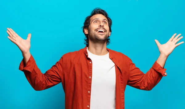 Young Handsome Indian Man Feeling Happy Amazed Lucky Surprised Celebrating — Stock Photo, Image