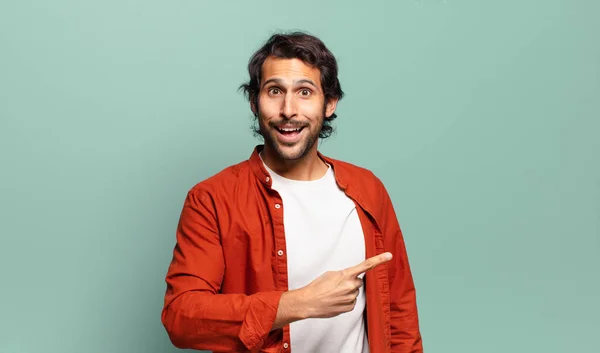 Young Handsome Indian Man Looking Excited Surprised Pointing Side Upwards — Stock Photo, Image