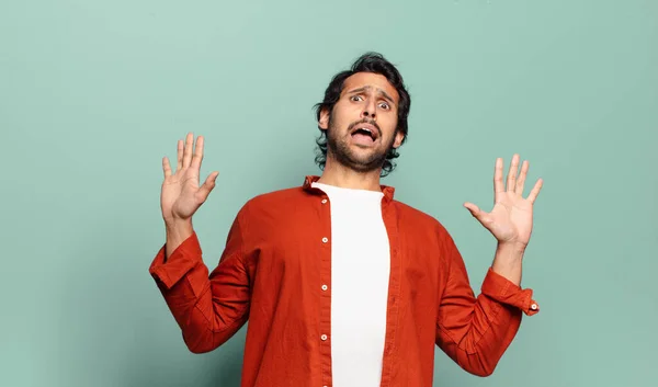 Young Handsome Indian Man Feeling Stupefied Scared Fearing Something Frightening — Stock Photo, Image