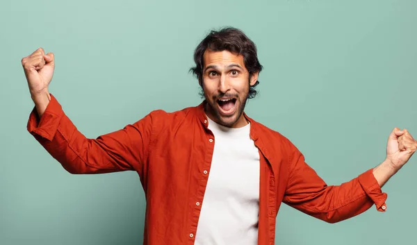 Young Handsome Indian Man Shouting Triumphantly Looking Excited Happy Surprised — Stock Photo, Image