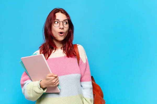 Pretty Student Woman Blue Background — Stock Photo, Image