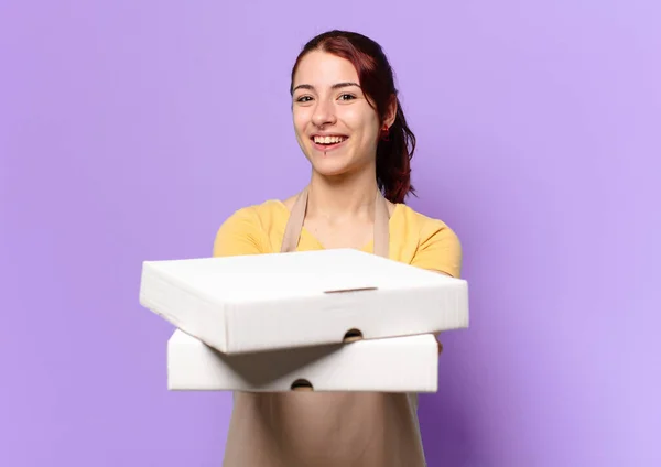 Mulher Bonita Com Tirar Caixas Fast Food — Fotografia de Stock