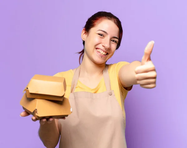 Pretty Woman Apron Take Away Burger Deliver Concept — Stock Photo, Image