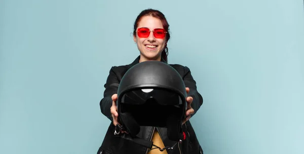 Mulher Bonita Motociclista Com Capacete Segurança — Fotografia de Stock