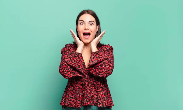 Young Pretty Casual Woman Feeling Shocked Excited Laughing Amazed Happy — Stock Photo, Image