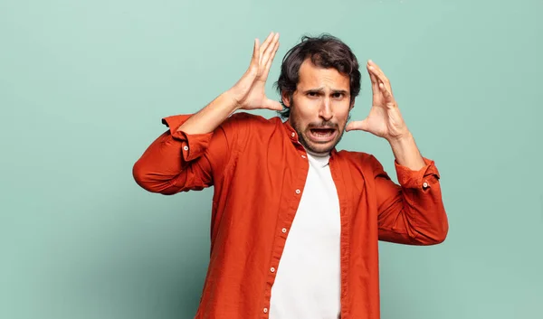 Young Handsome Indian Man Screaming Hands Air Feeling Furious Frustrated — Stock Photo, Image