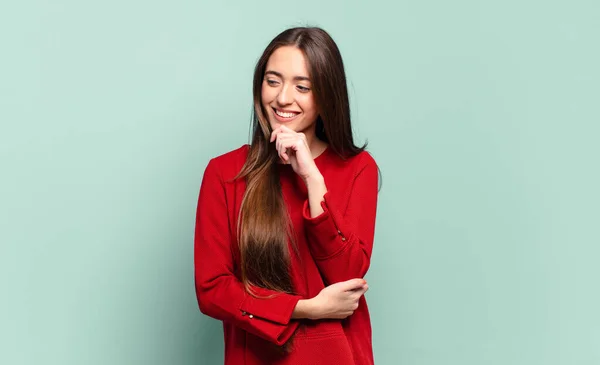 Young Pretty Casual Woman Smiling Happy Confident Expression Hand Chin — Stock Photo, Image