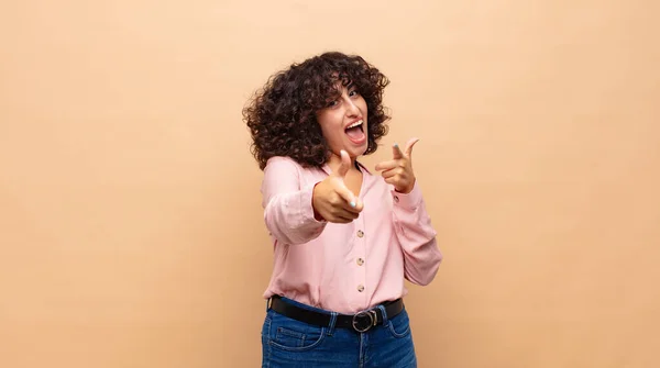 Woman Feeling Happy Cool Satisfied Relaxed Successful Pointing Camera Choosing — Stock Photo, Image