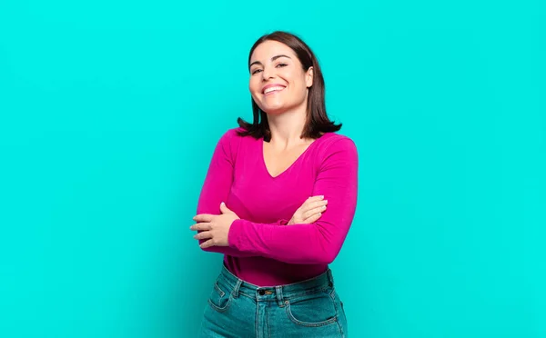 Young Pretty Casual Woman Laughing Happily Arms Crossed Relaxed Positive — Stock Photo, Image