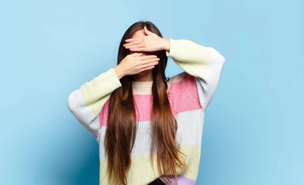 Young Pretty Casual Woman Covering Face Both Hands Saying Camera — Stock Photo, Image