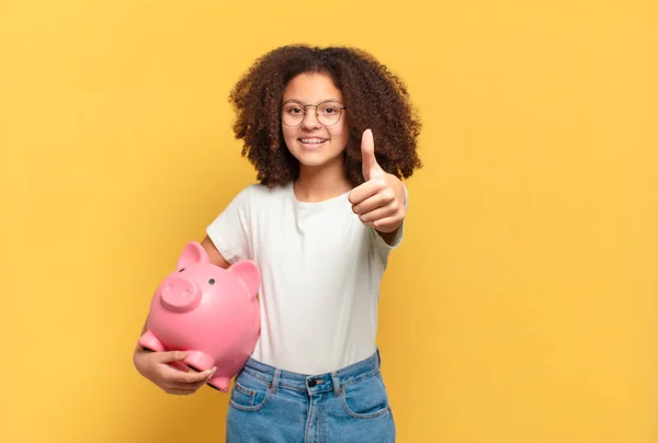 Pretty Afro Teenager Smiling Proudly Confidently Making Number One Pose — Zdjęcie stockowe