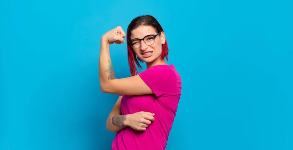 Feeling Happy Satisfied Powerful Flexing Fit Muscular Biceps Looking Strong — Stock Photo, Image