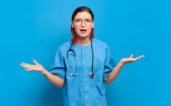 Young Attractive Red Hair Woman Feeling Extremely Shocked Surprised Anxious — Stock Photo, Image