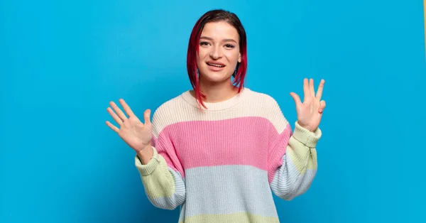 Sorrindo Olhando Amigável Mostrando Número Nove Nono Com Mão Para — Fotografia de Stock