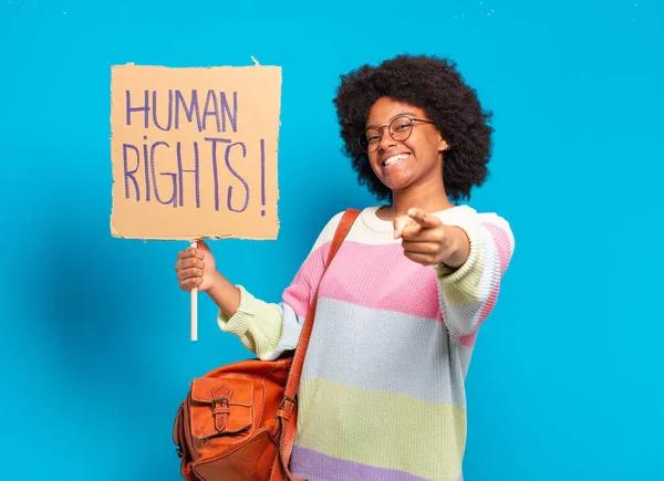 Young Pretty Afro Woman Protesting Human Rights Banner — Stock Photo, Image