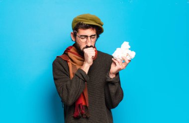 Genç sakallı adam hastalığı konsepti. Soğuk algınlığı ve grip