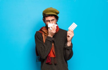 Genç sakallı adam hastalığı konsepti. Soğuk algınlığı ve grip