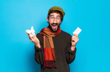 Genç sakallı adam hastalığı konsepti. Soğuk algınlığı ve grip