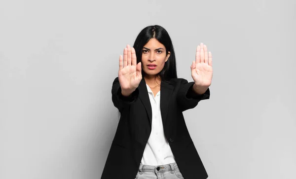 Young Hispanic Businesswoman Looking Serious Unhappy Angry Displeased Forbidding Entry — Stock Photo, Image