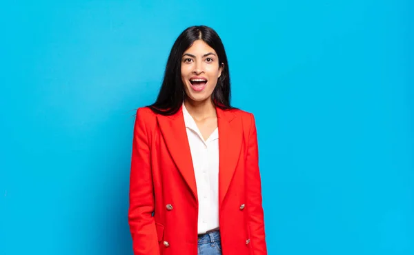 Young Hispanic Businesswoman Looking Happy Pleasantly Surprised Excited Fascinated Shocked — Stock Photo, Image