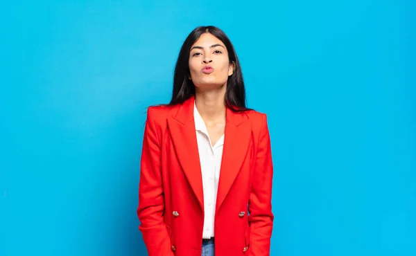 Young Hispanic Businesswoman Pressing Lips Together Cute Fun Happy Lovely — Stock Photo, Image