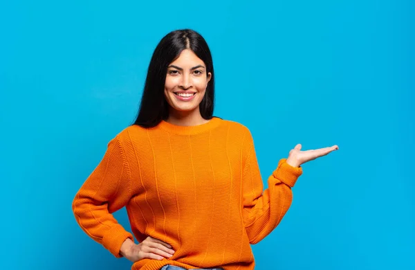 Young Pretty Hispanic Woman Smiling Feeling Confident Successful Happy Showing — Stock Photo, Image