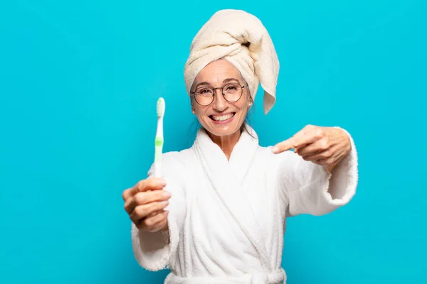Senior Pretty Woman Shower Wearing Bathrobe Toothbrush — Stock Photo, Image