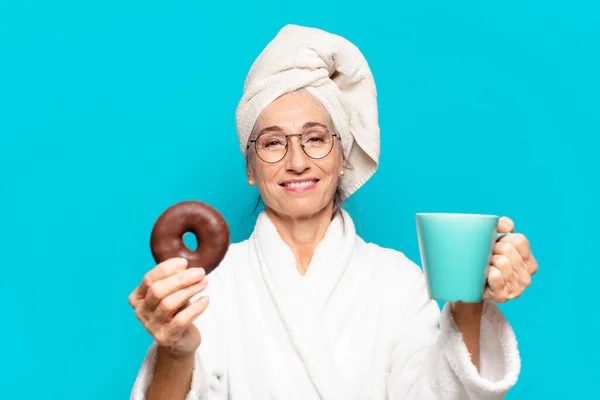 Senior Pretty Woman Shower Wearing Bathrobe Having Breakfast Coffee Donut — Stock Photo, Image