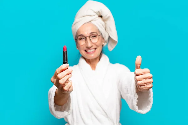 Senior Pretty Woman Shower Making Wearing Bathrobe — Stock Photo, Image