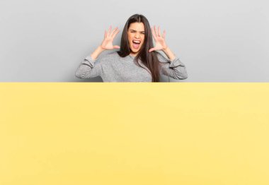 young pretty woman screaming in panic or anger, shocked, terrified or furious, with hands next to head. copy space to place your concept