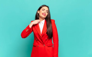 young pretty woman feeling stressed, anxious, tired and frustrated, pulling shirt neck, looking frustrated with problem. business concept