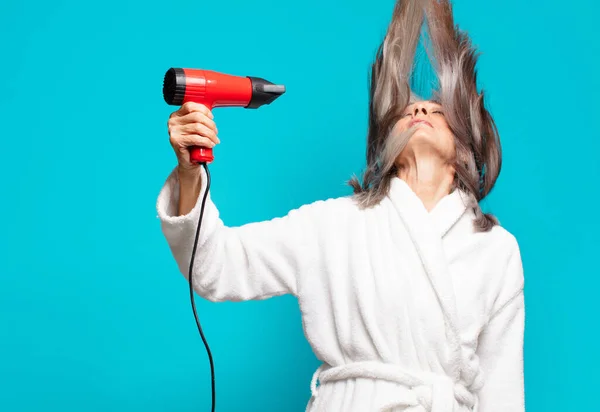 Senior Pretty Woman Shower Wearing Bathrobe Hairdryer Concept — Stock Photo, Image